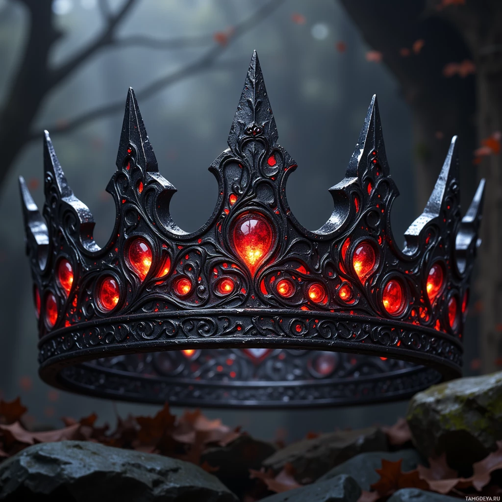 A dark, ornate crown with red gemstones and intricate designs rests on rocks amidst a misty forest.