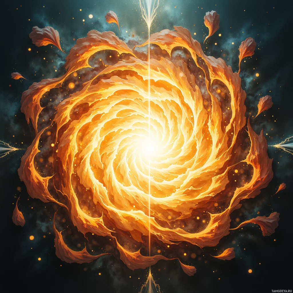A swirling, fiery vortex with glowing particles and a central bright light.