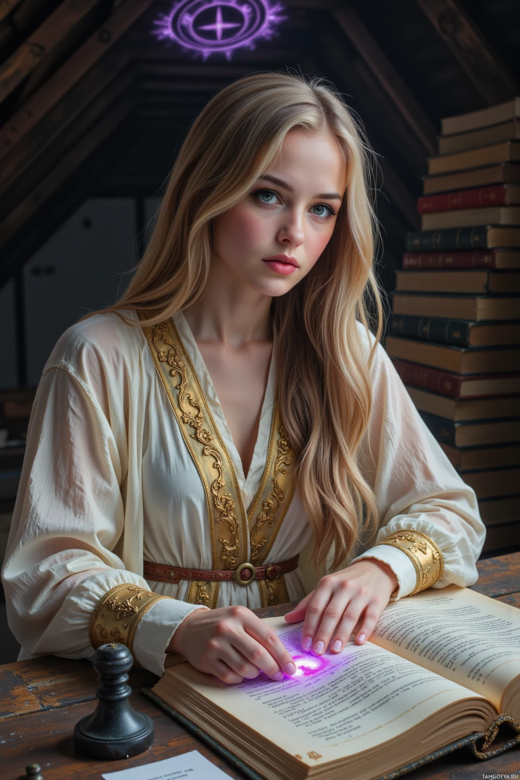 A woman in a white and gold dress is reading a book with a glowing purple light.