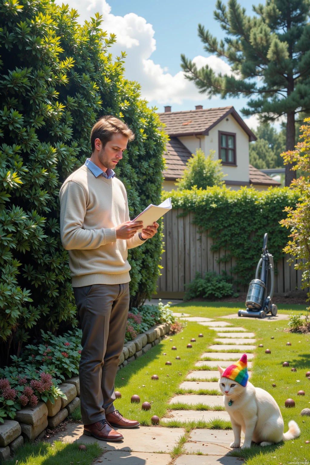A man in a sweater and trousers stands in a garden reading a book, with a cat wearing a colorful hat nearby.