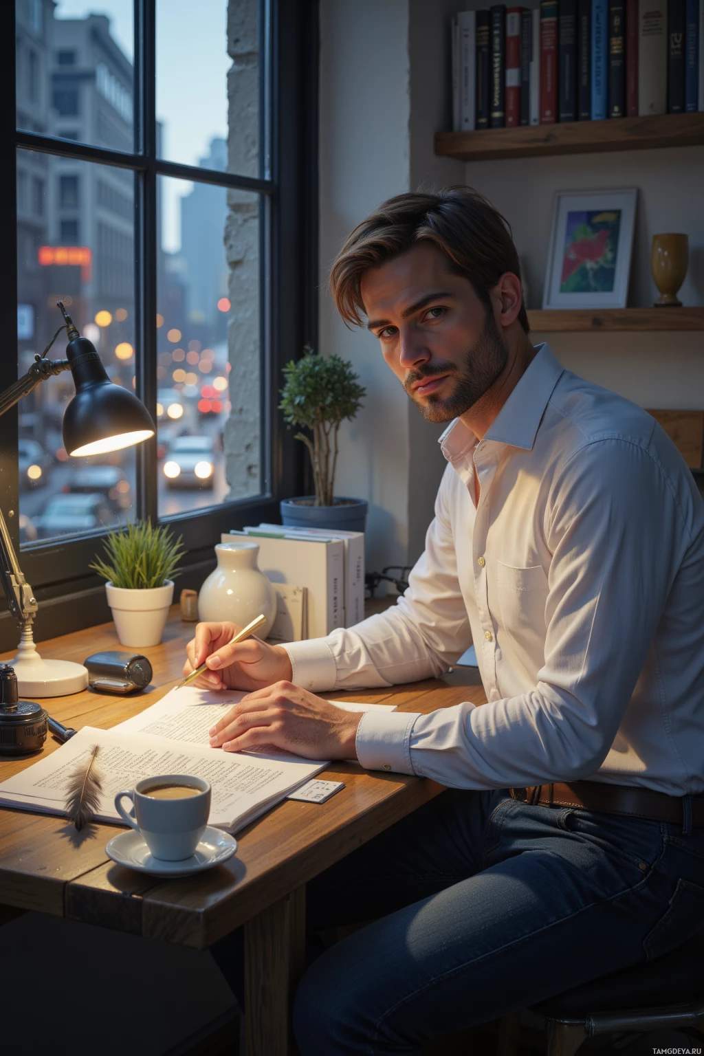 A man sits at a desk by a window, writing in a notebook with a pen.