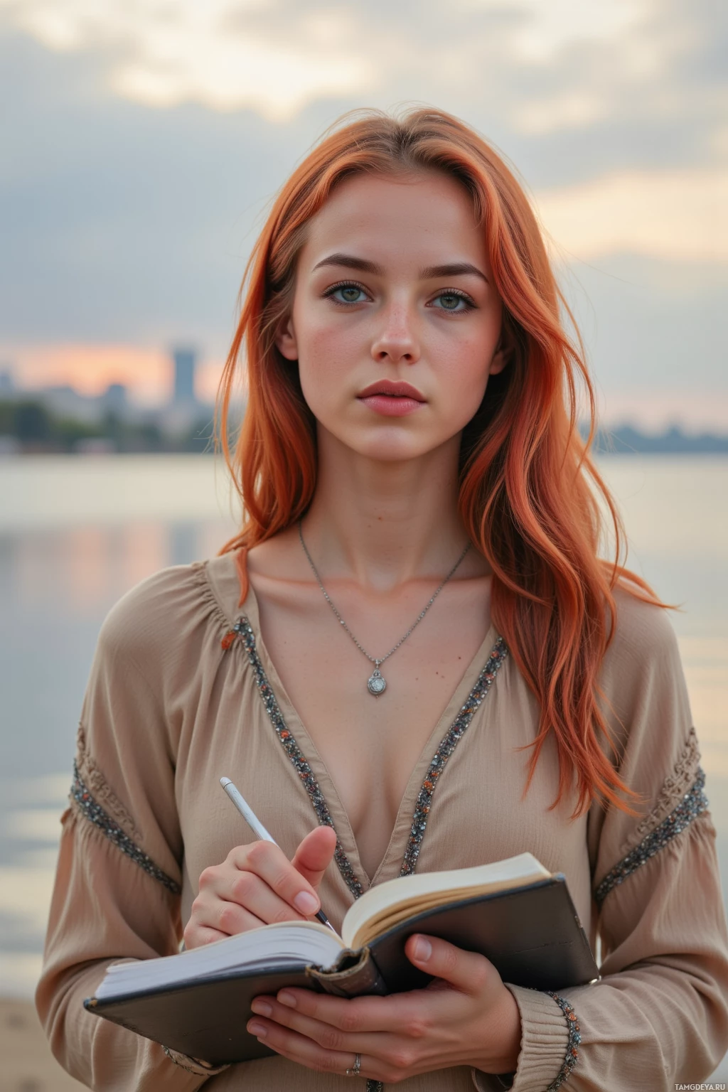 A person with long red hair is holding a notebook and pen, standing near a body of water with a cityscape in the background.