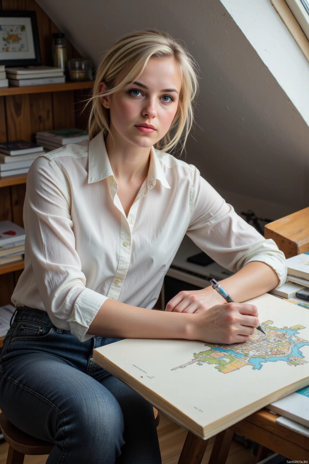 A person in a white shirt is sitting at a desk, holding a pen and working on a map.