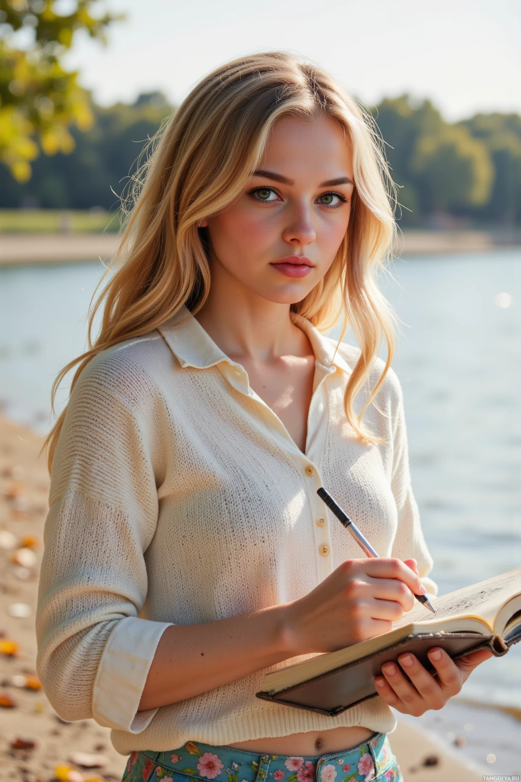 A woman with long blonde hair stands by a body of water, holding a notebook and pen.