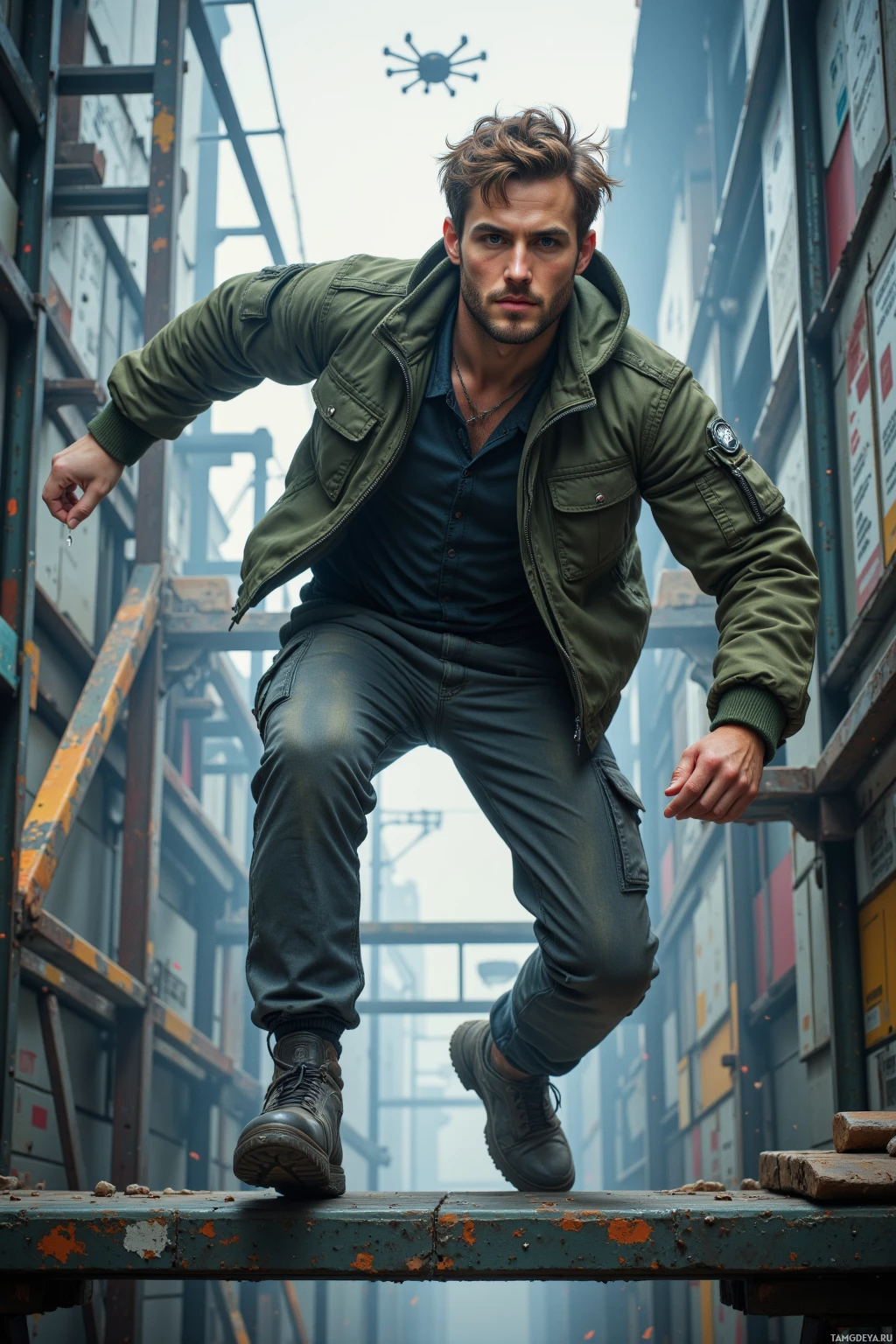 A man in a green jacket and jeans stands on a platform in an industrial setting.