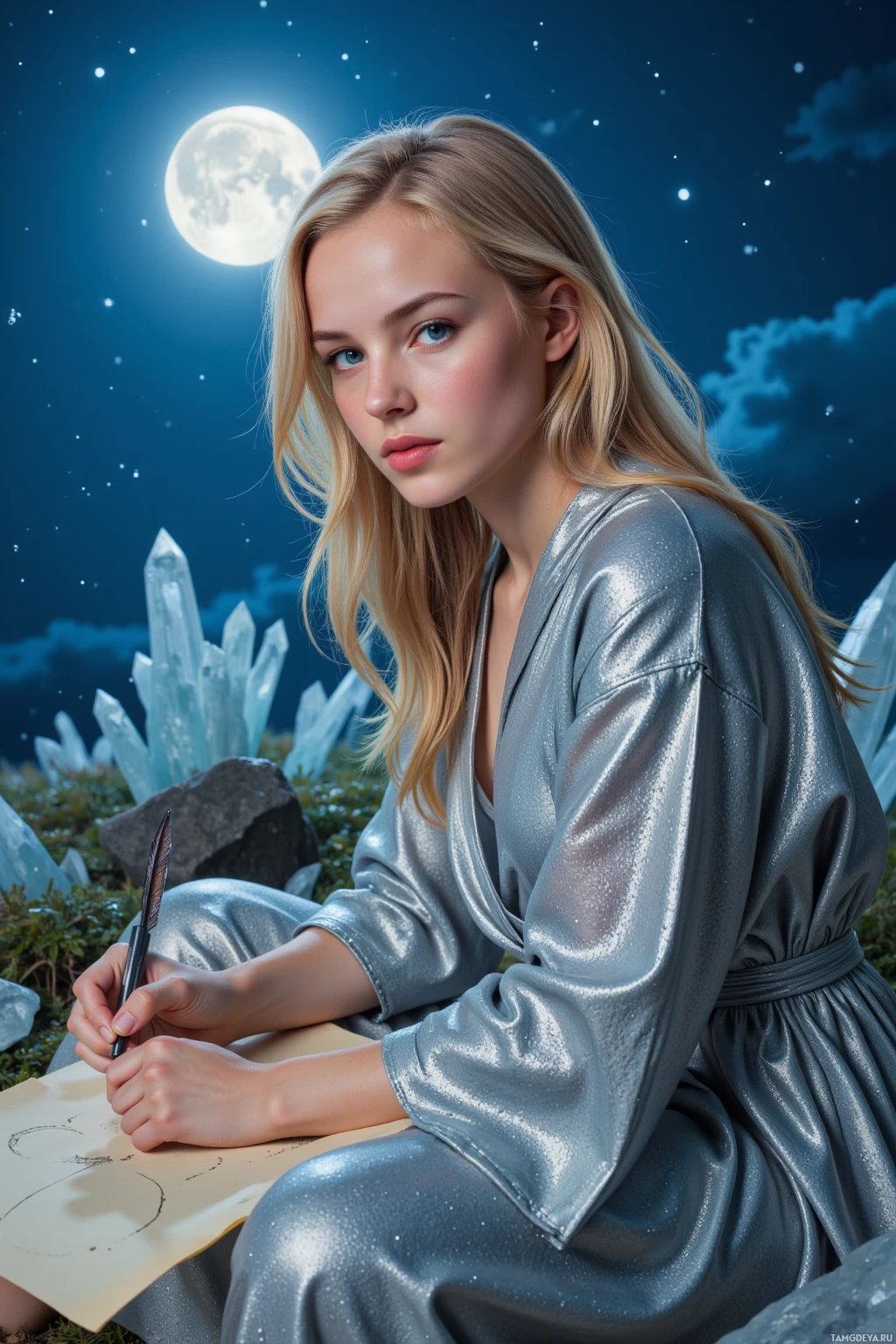 A woman in a shiny silver dress sits under a night sky, holding a quill and paper.