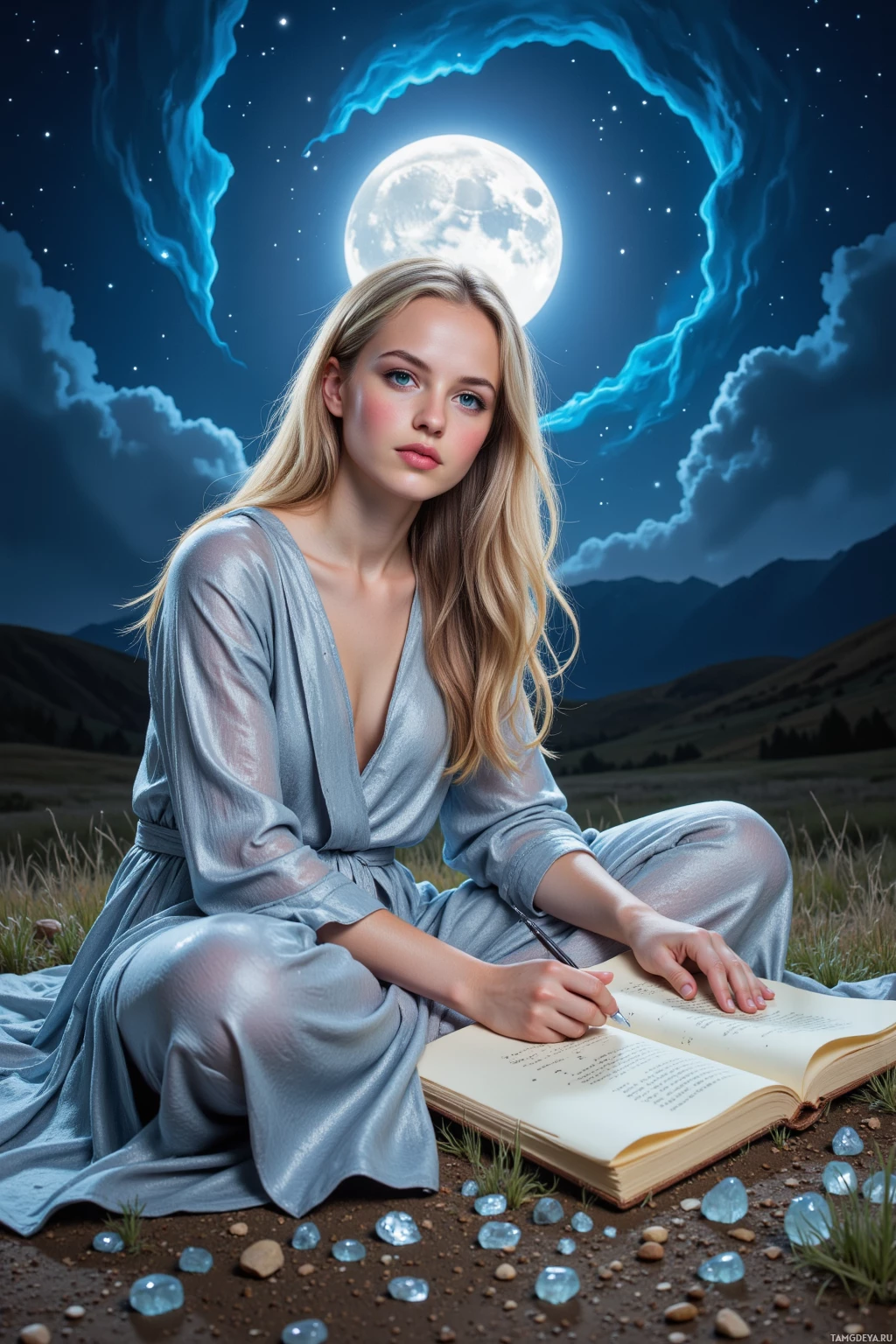 A woman in a flowing dress sits on the ground under a night sky, writing in a book.