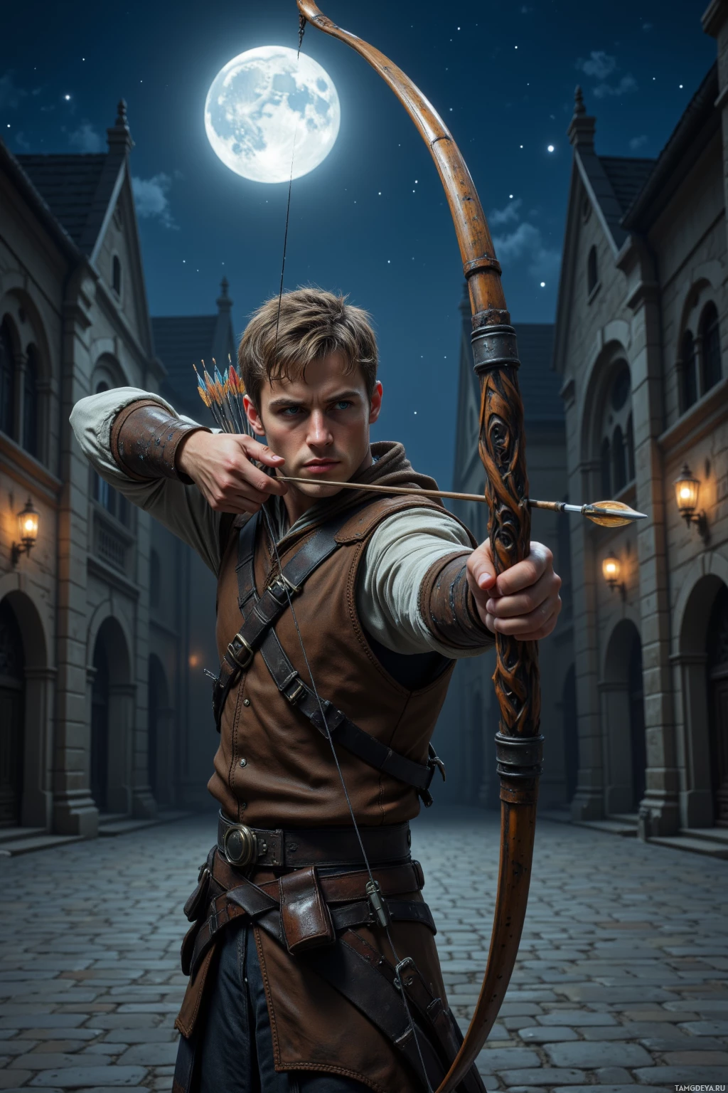 A man in medieval attire holds a bow and arrow in a cobblestone courtyard under a full moon.