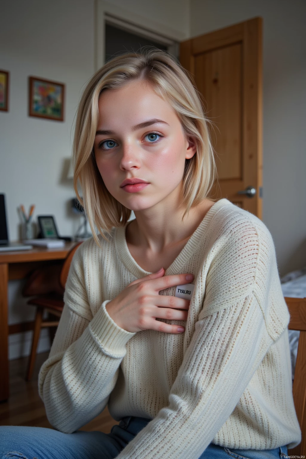 A person with blonde hair wearing a cream-colored sweater sits in a room with a wooden door and framed pictures on the wall.