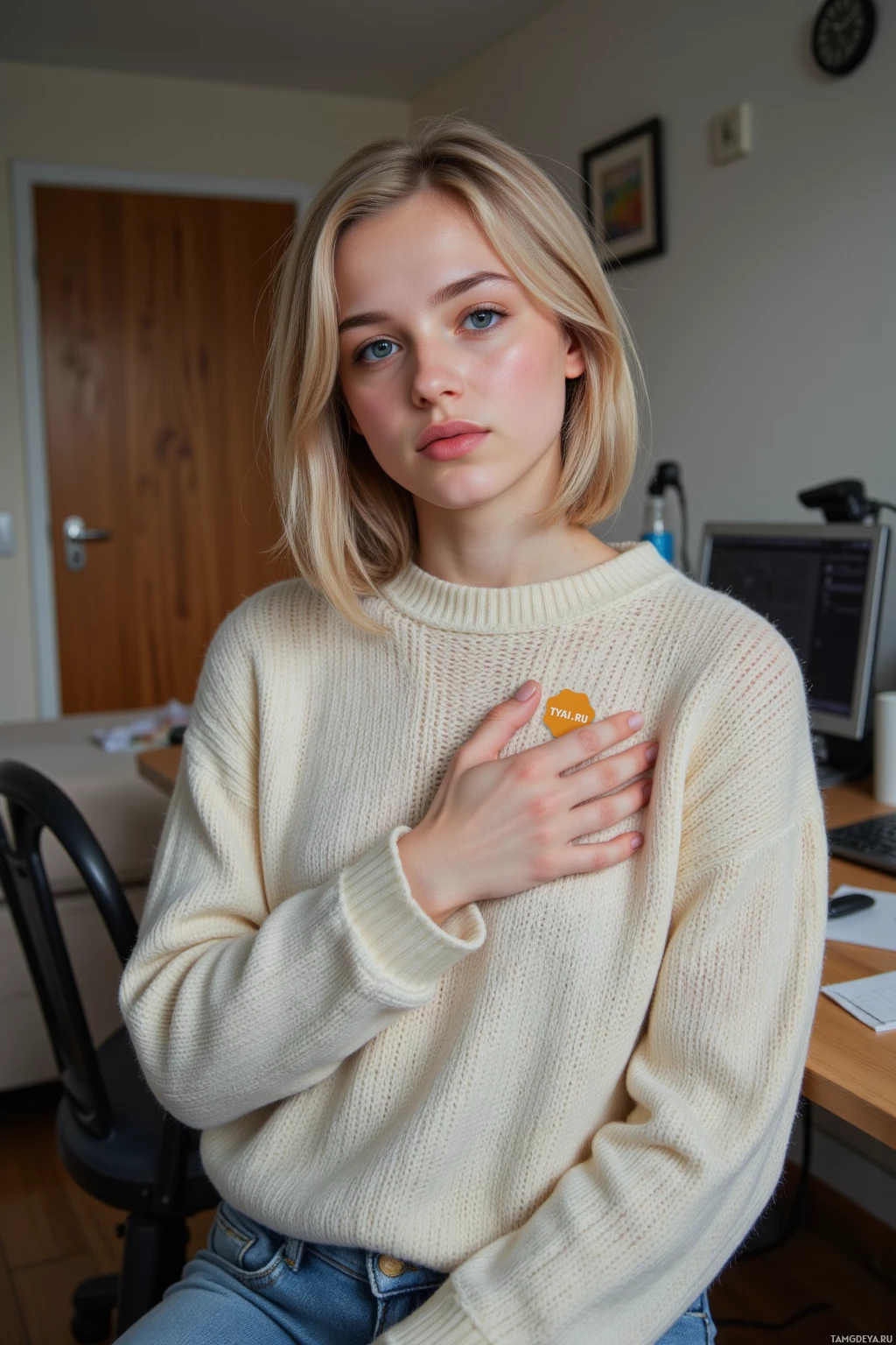 A person wearing a cream-colored sweater and jeans, with a small badge on the sweater, is seated in an office setting.