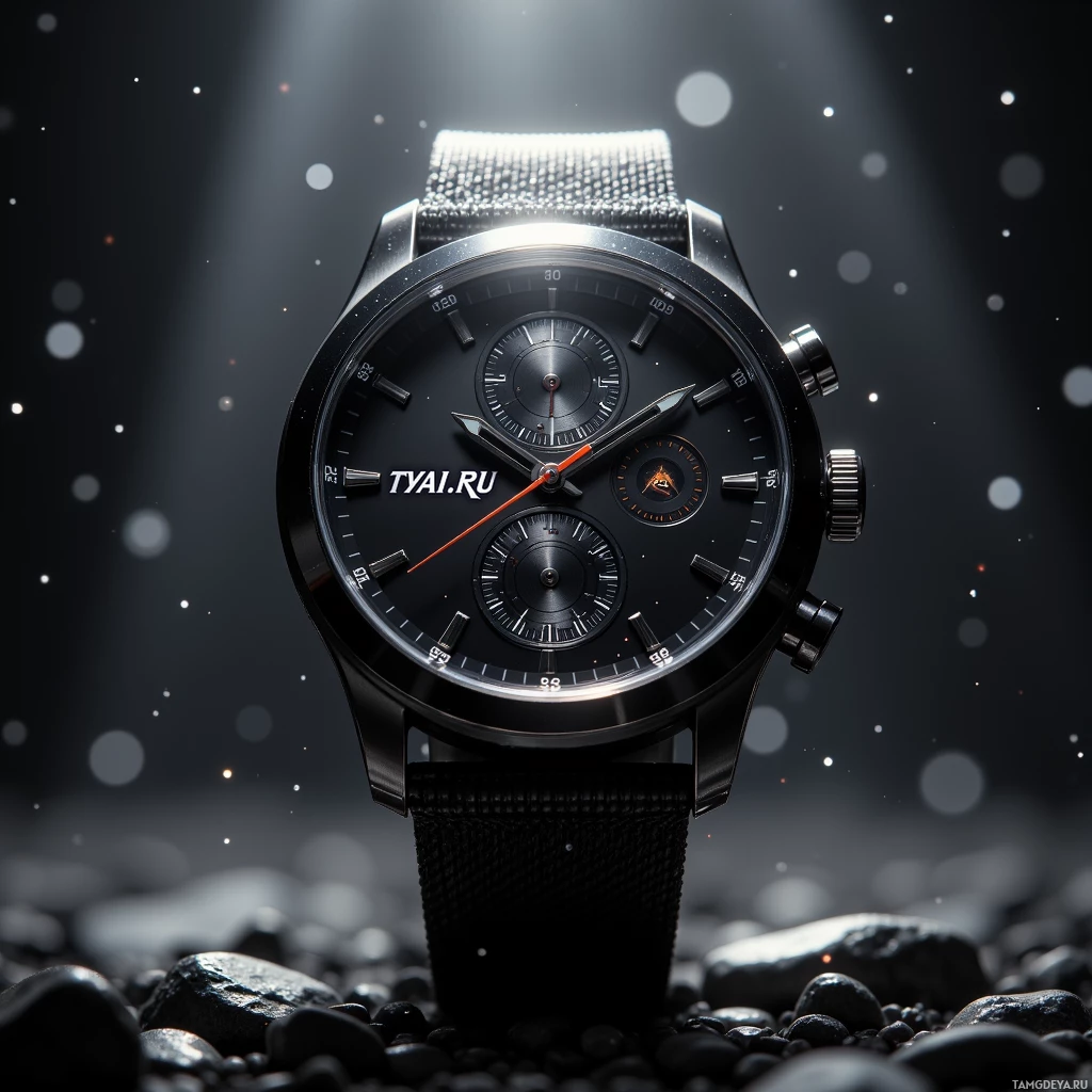 A sleek black wristwatch with a mesh strap and a dark face, set against a starry background.