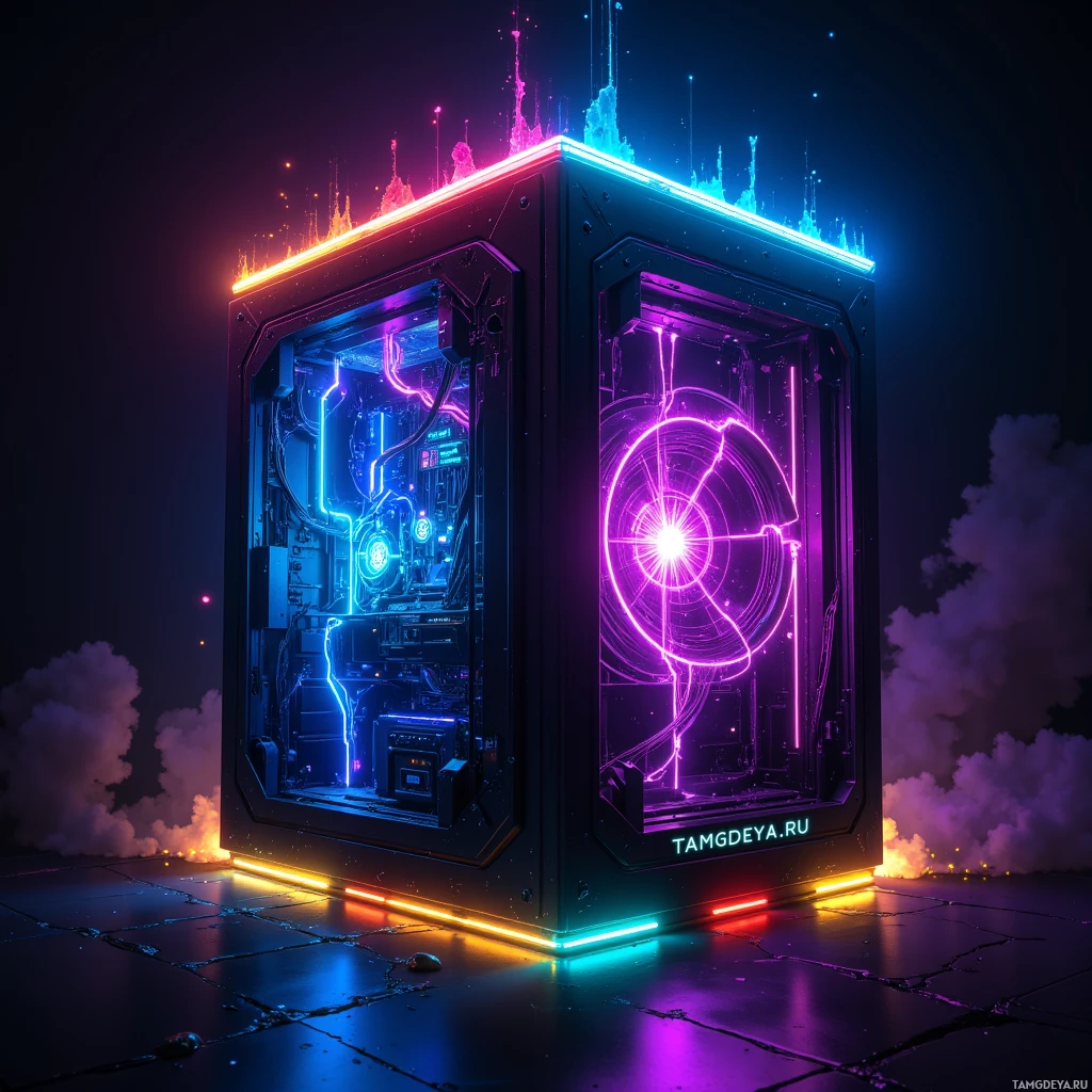 A futuristic, glowing computer case with neon lights and intricate internal components.