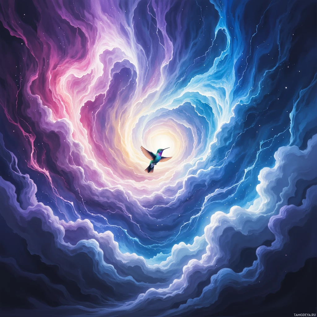 A vibrant, swirling cosmic scene with a hummingbird in flight at its center.