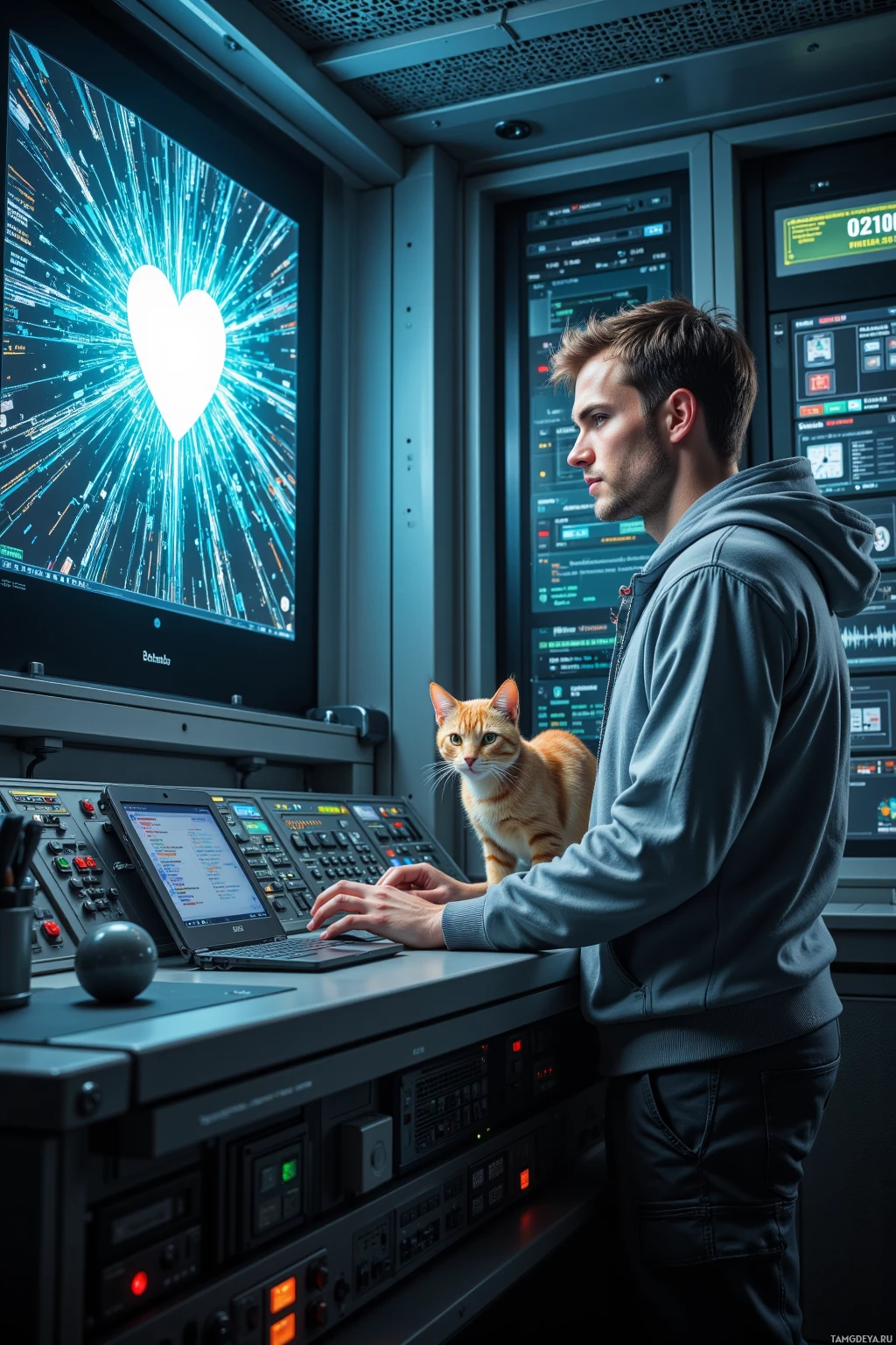 A person in a hoodie stands at a control panel with a cat perched on the desk.