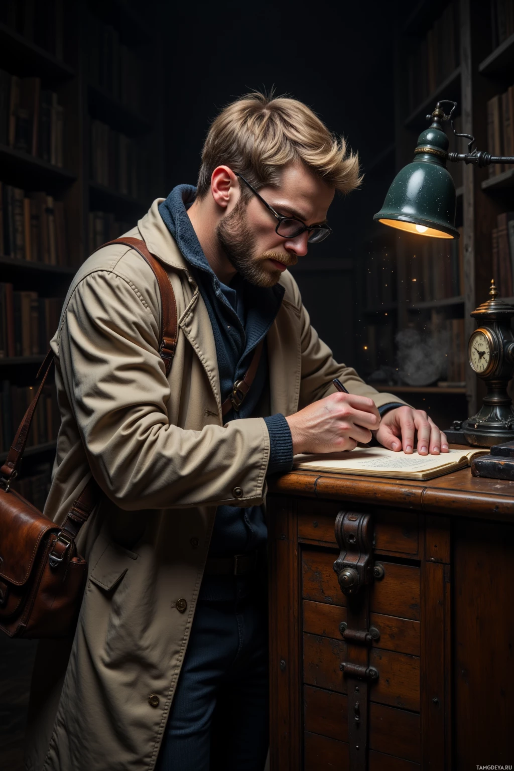 A man in a trench coat is writing in a notebook under a desk lamp in a dimly lit room.