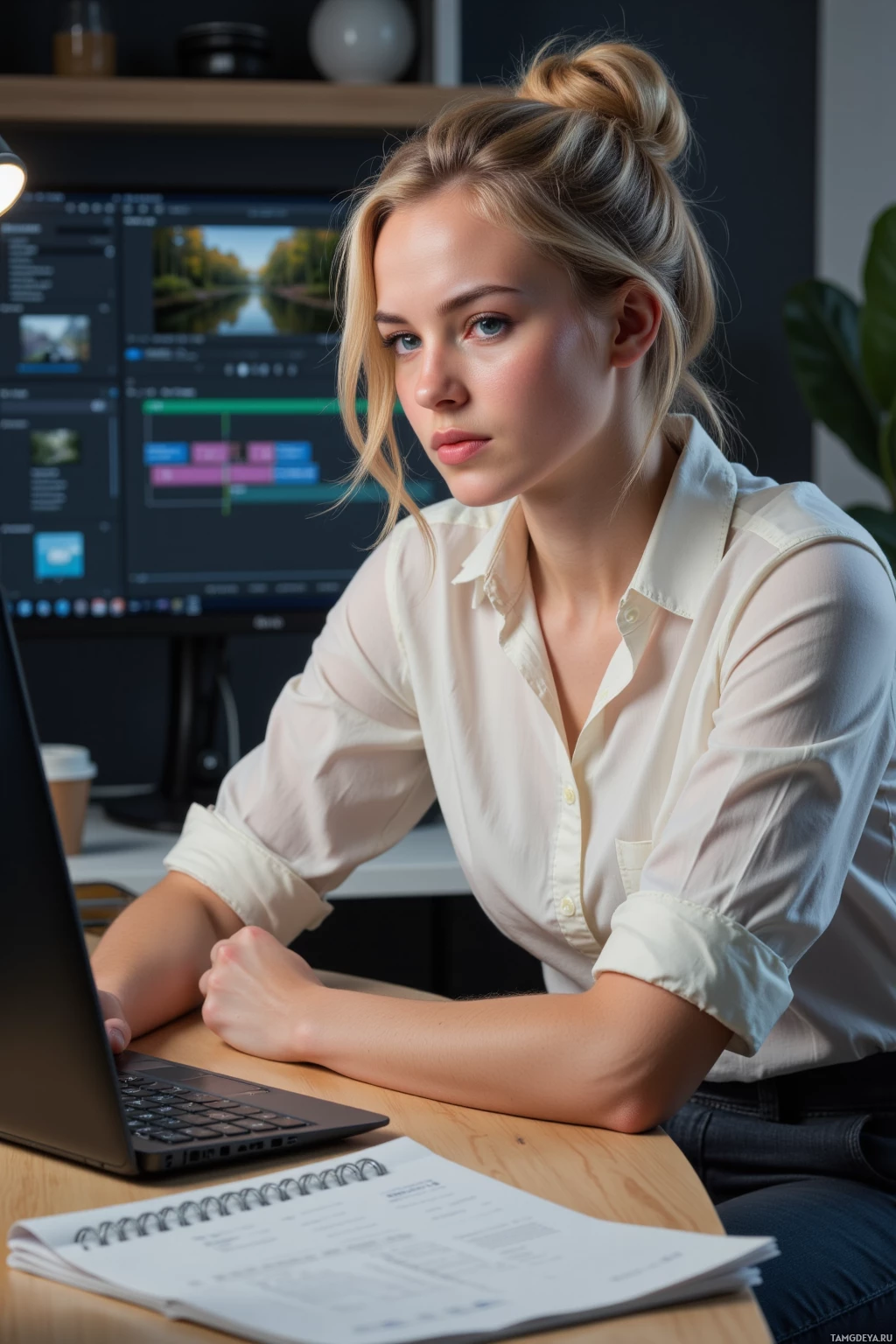 A woman is sitting at a desk with a laptop, looking at the screen, and appears to be working.