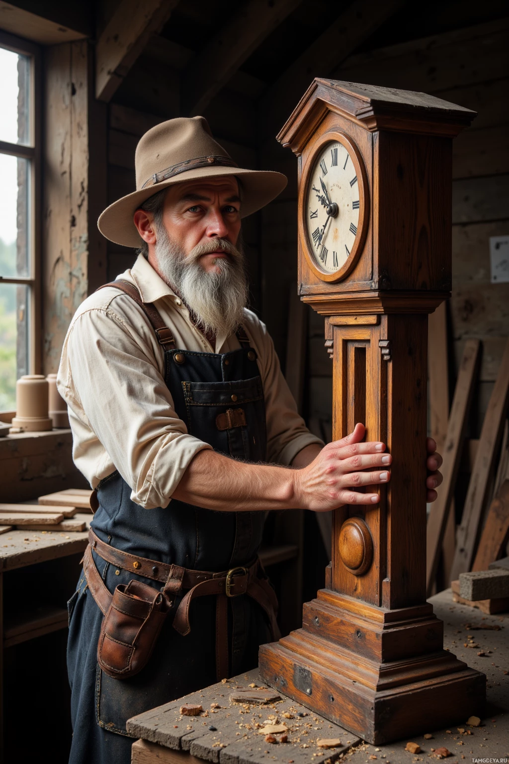 A man in a hat and apron stands beside an old wooden clock in a rustic workshop.