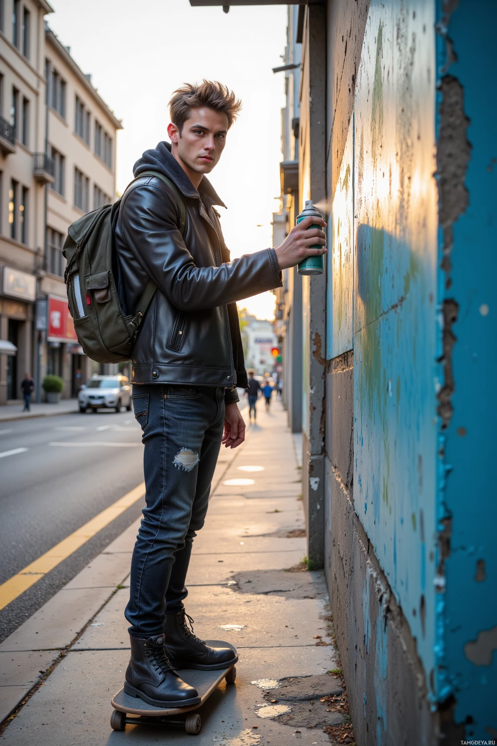 A person wearing a leather jacket and jeans stands on a skateboard, spraying paint on a wall.