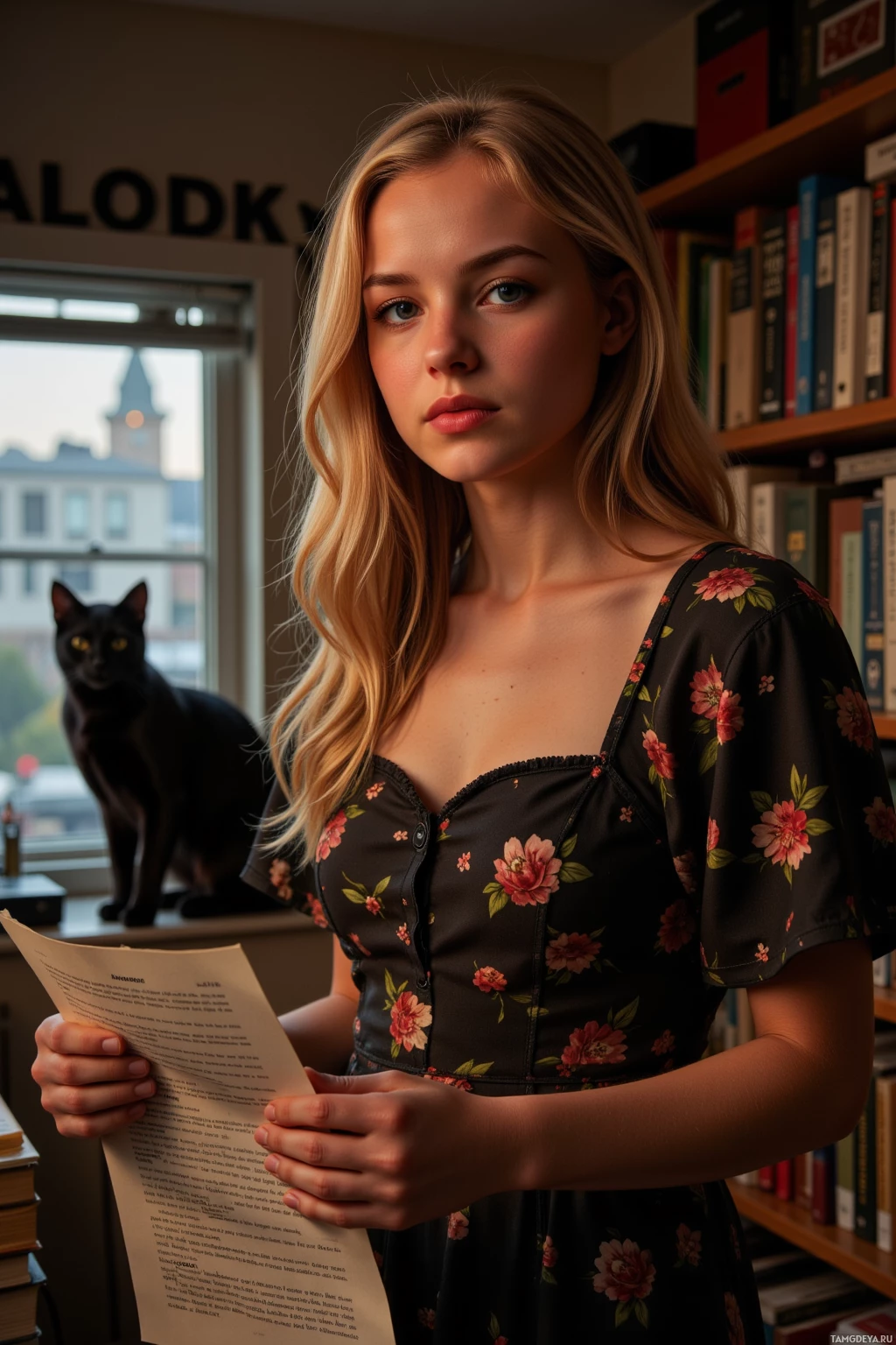 A woman in a floral dress holds a document, with a black cat and bookshelf in the background.