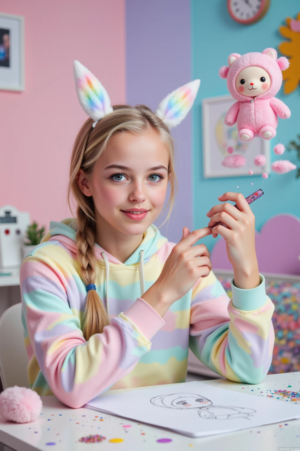 A girl in a pastel hoodie smiles while coloring a drawing at a desk.