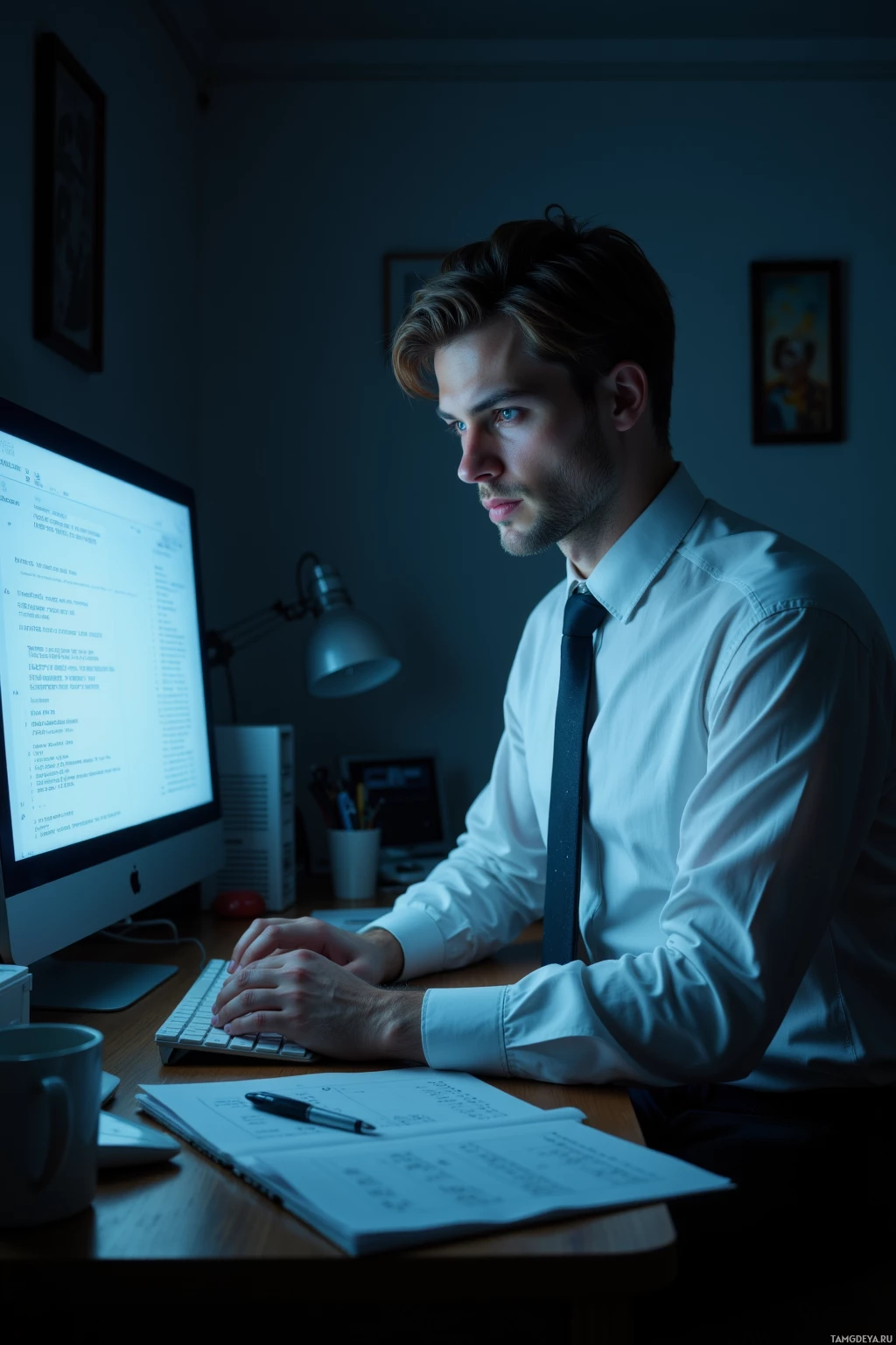 A man in a white shirt and tie works at a desk with a computer and notebook.
