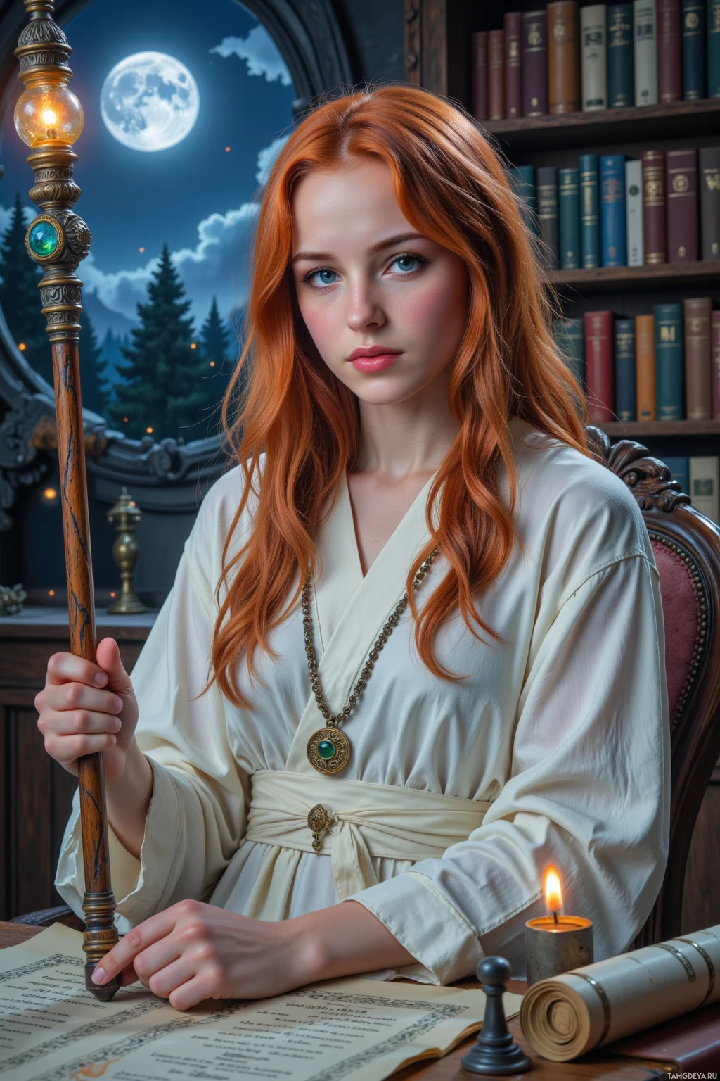 A young woman with long red hair sits at a desk, holding a wand, with a bookshelf and a lit candle in the background.
