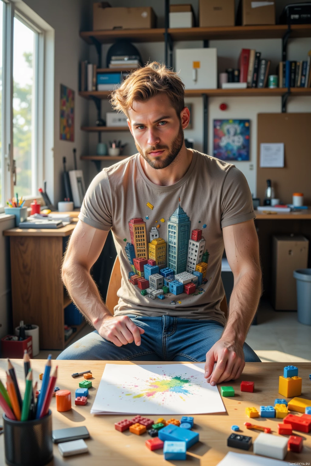 A man sits at a desk in a well-lit room, surrounded by art supplies and a colorful cityscape design on his shirt.