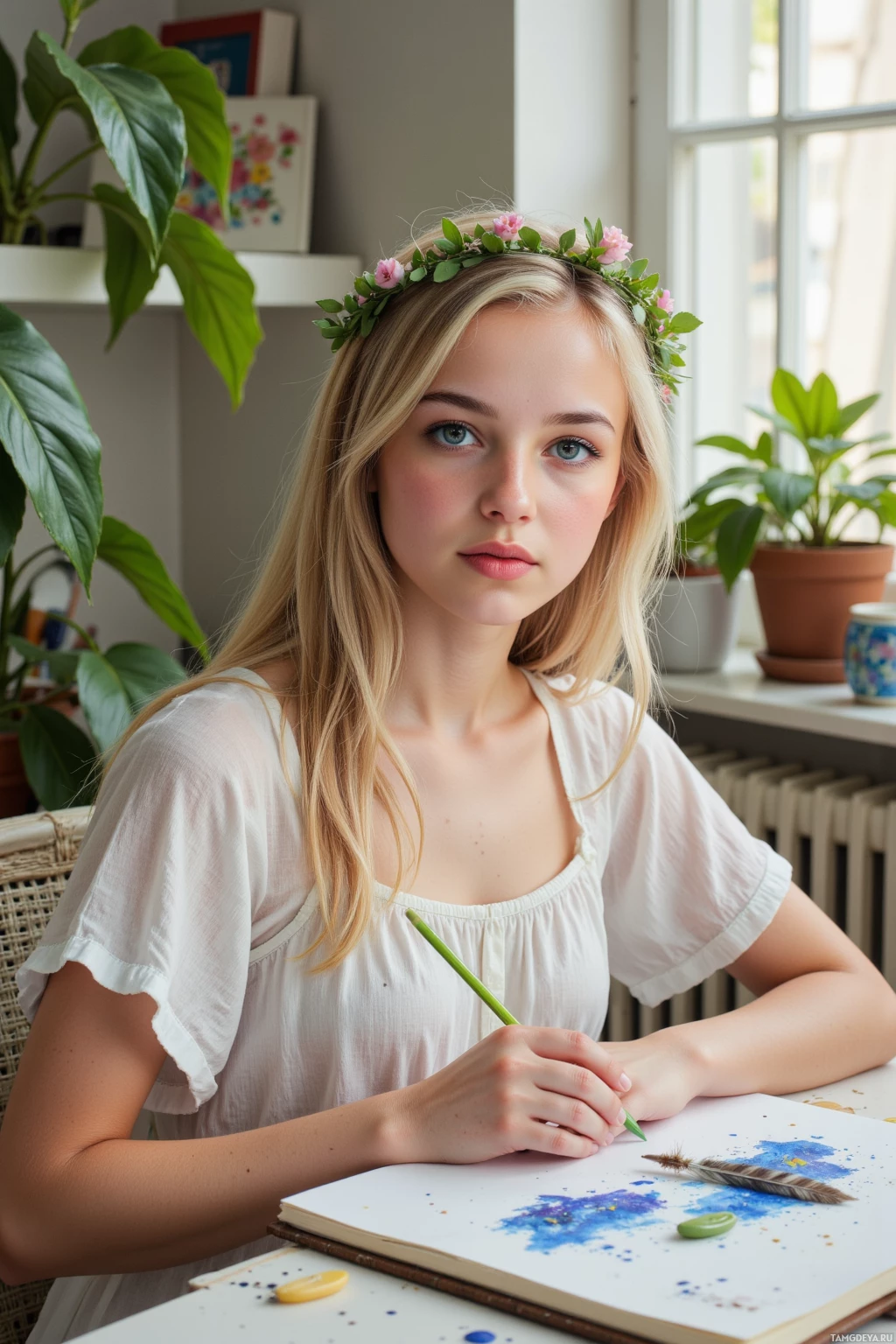 A young person with a floral crown sits at a table, holding a paintbrush and working on a watercolor painting.
