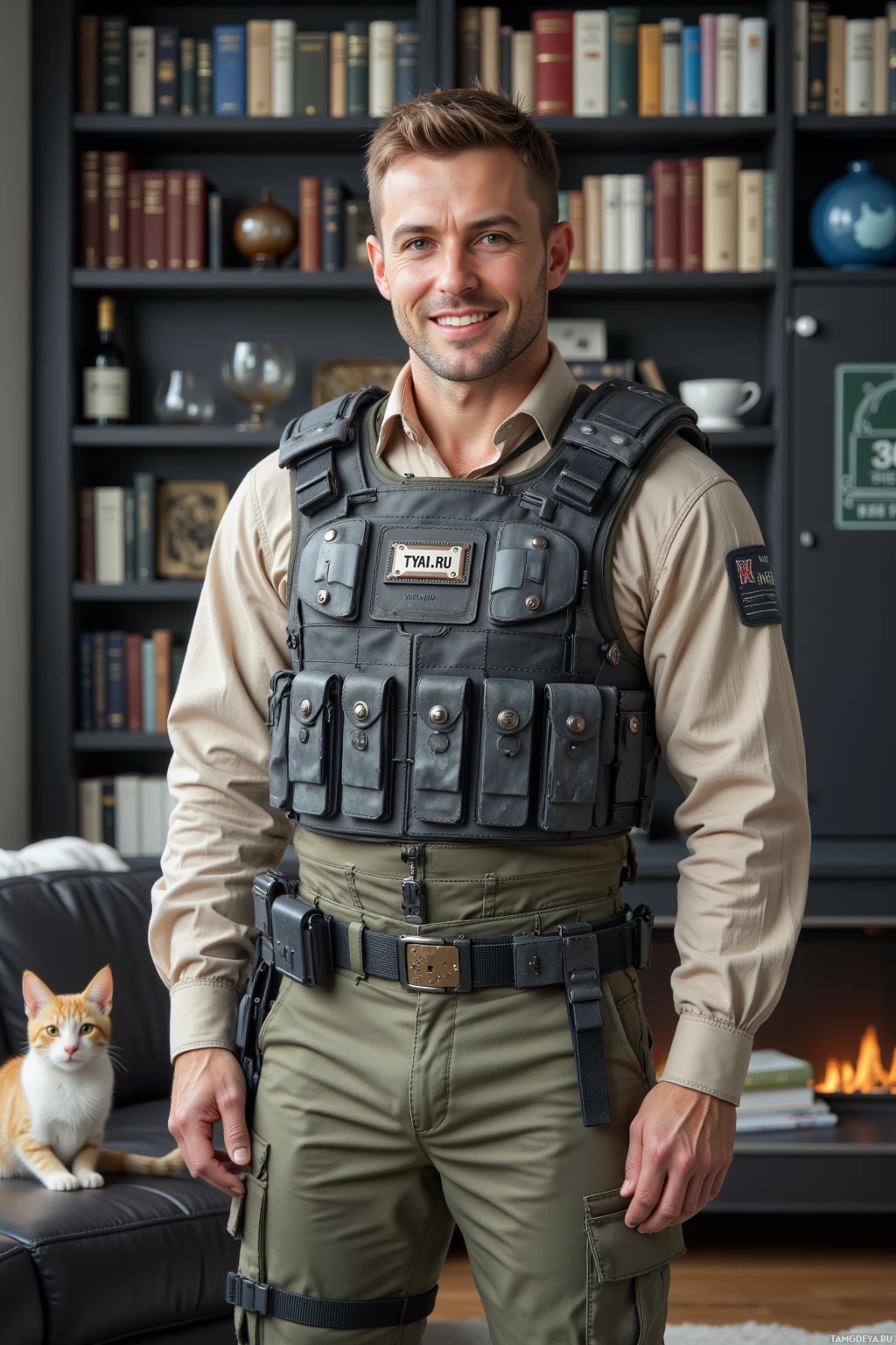A man in tactical gear stands in a room with a bookshelf and a cat.