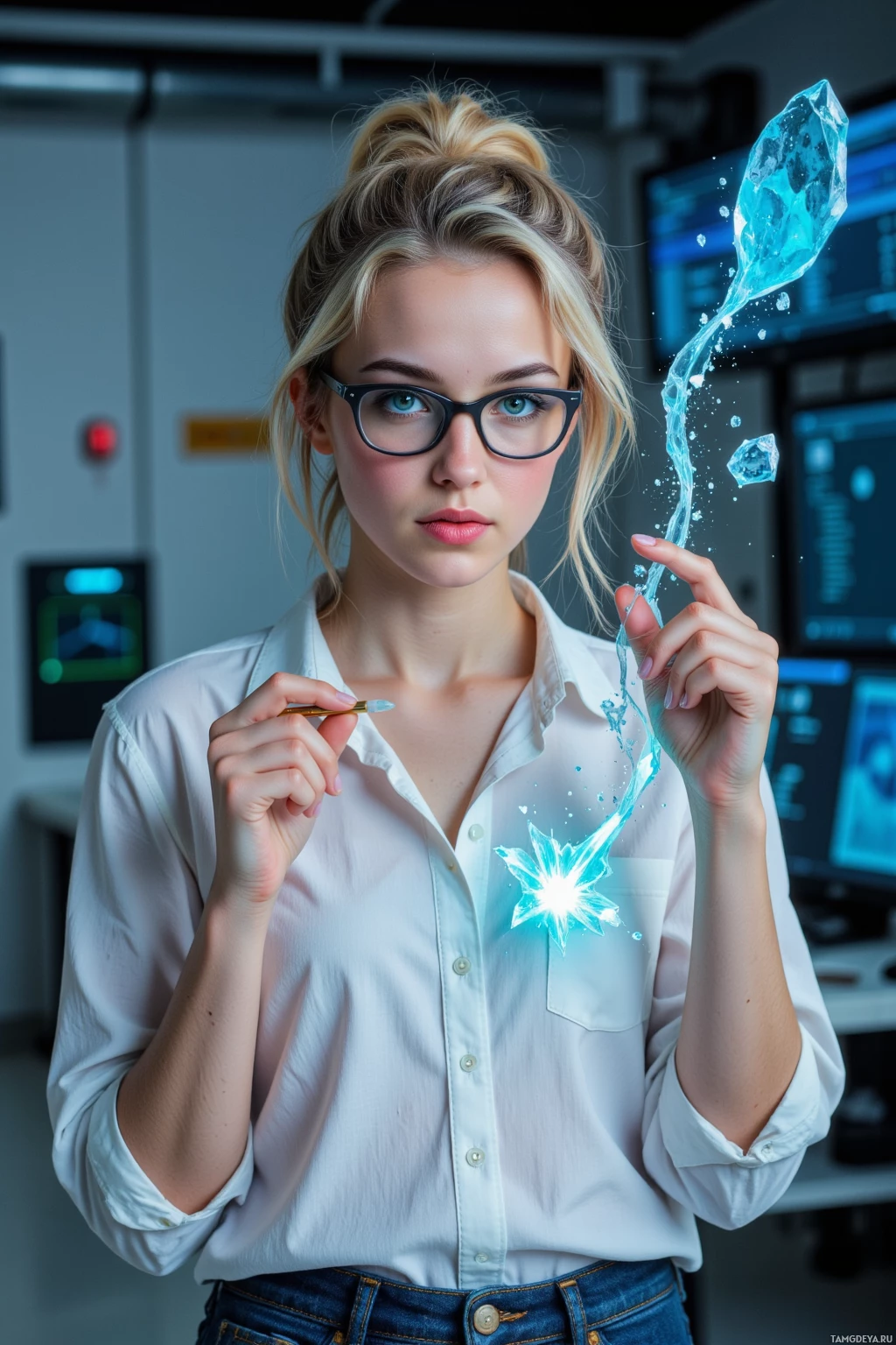 A person in a lab setting holds a glowing, futuristic object.