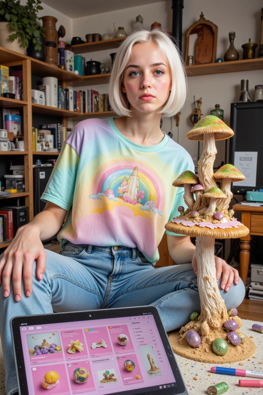 A person wearing a pastel rainbow shirt sits in a room with shelves, holding a mushroom sculpture.