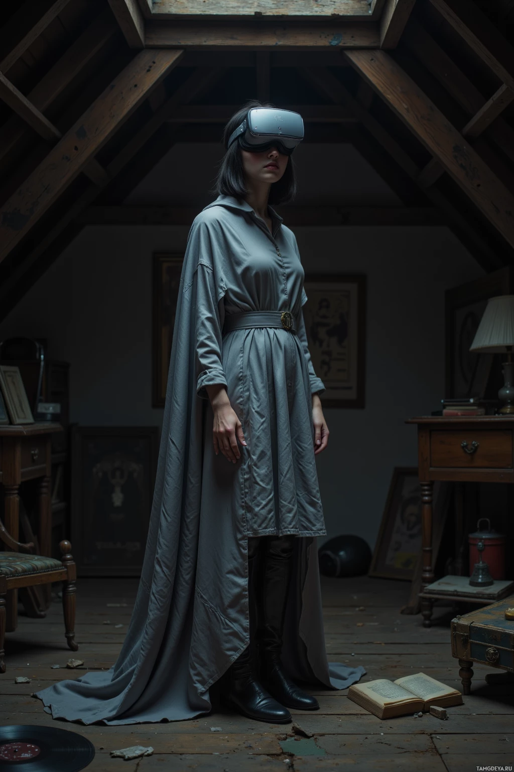A person stands in a dimly lit attic room wearing a long, gray dress and black boots, with VR goggles on.