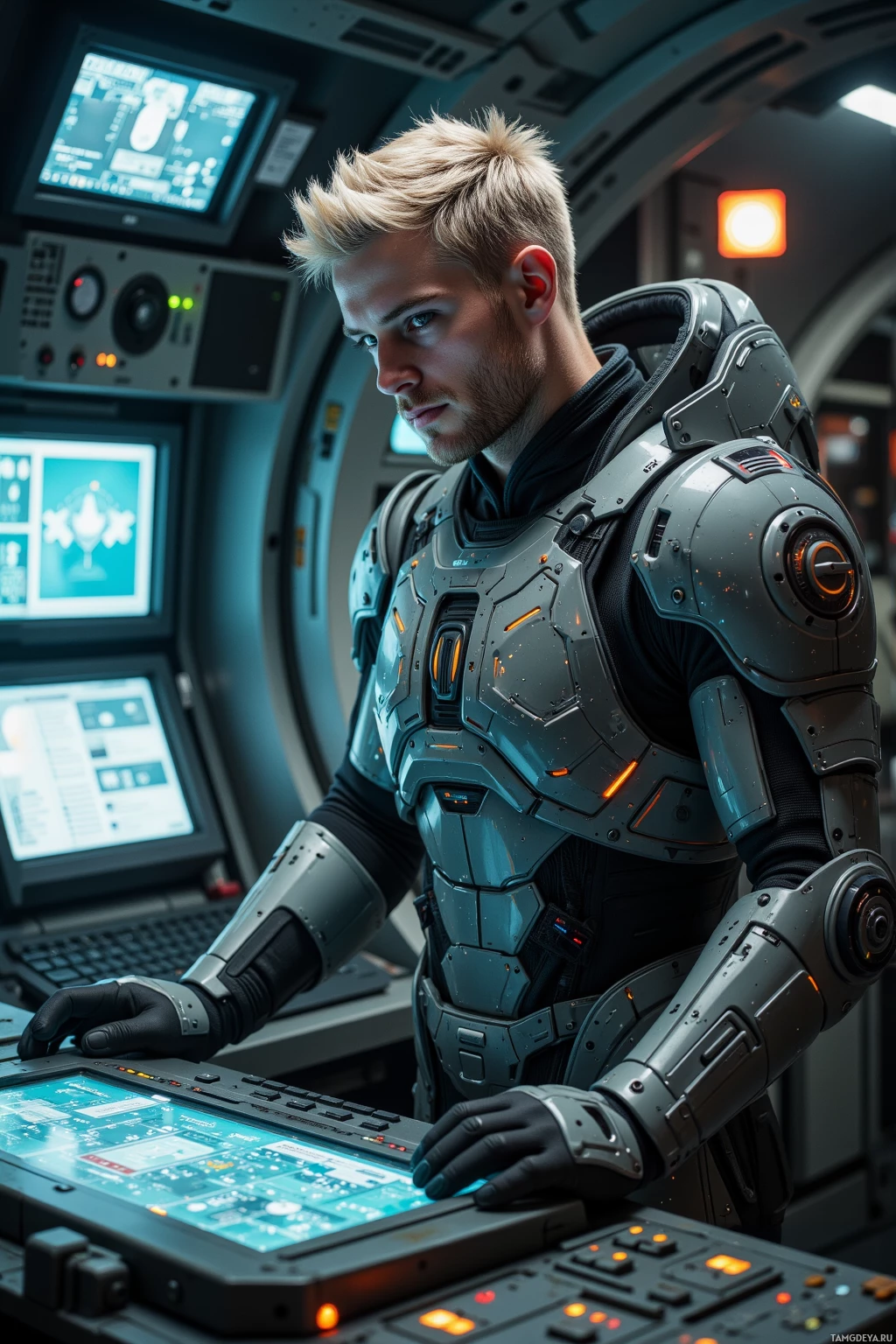 A person in futuristic armor operates a high-tech control panel in a sci-fi setting.