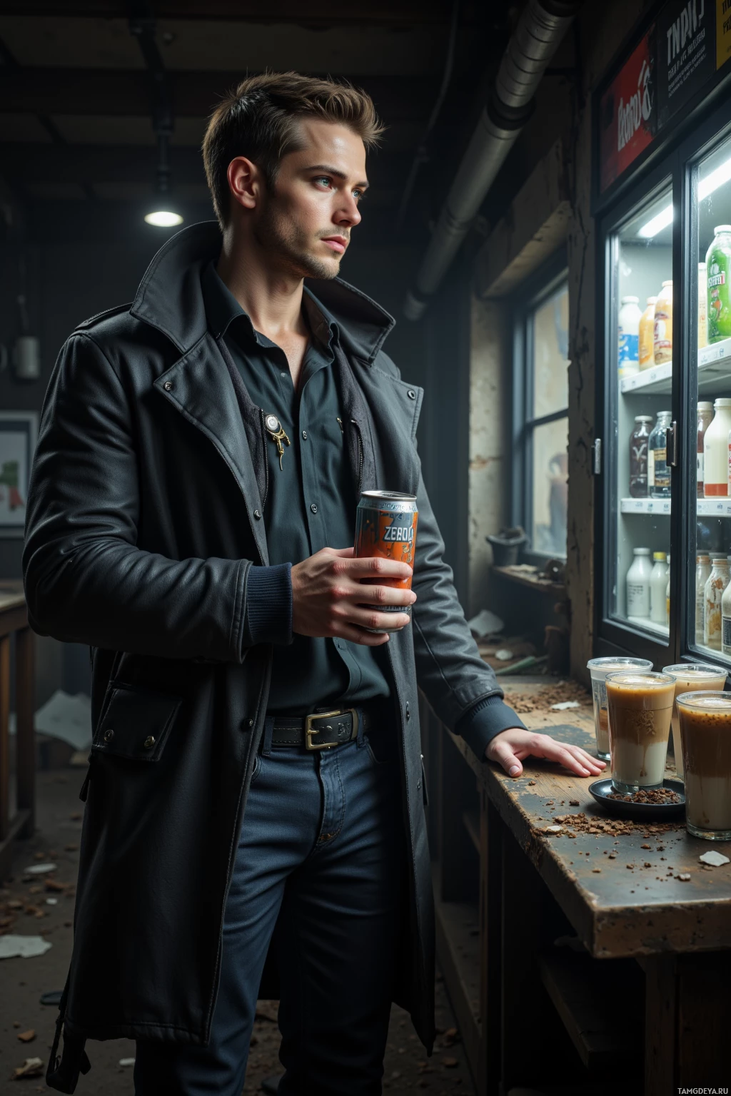 A man in a black trench coat stands by a counter, holding a drink.