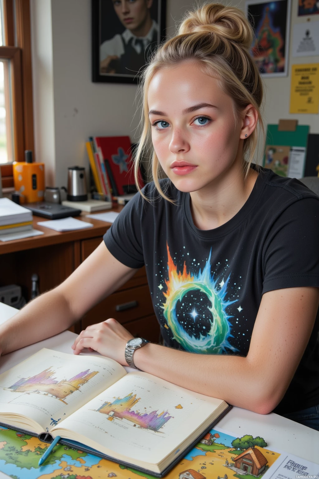 A young person sits at a desk with an open book, wearing a black t-shirt with a colorful design.