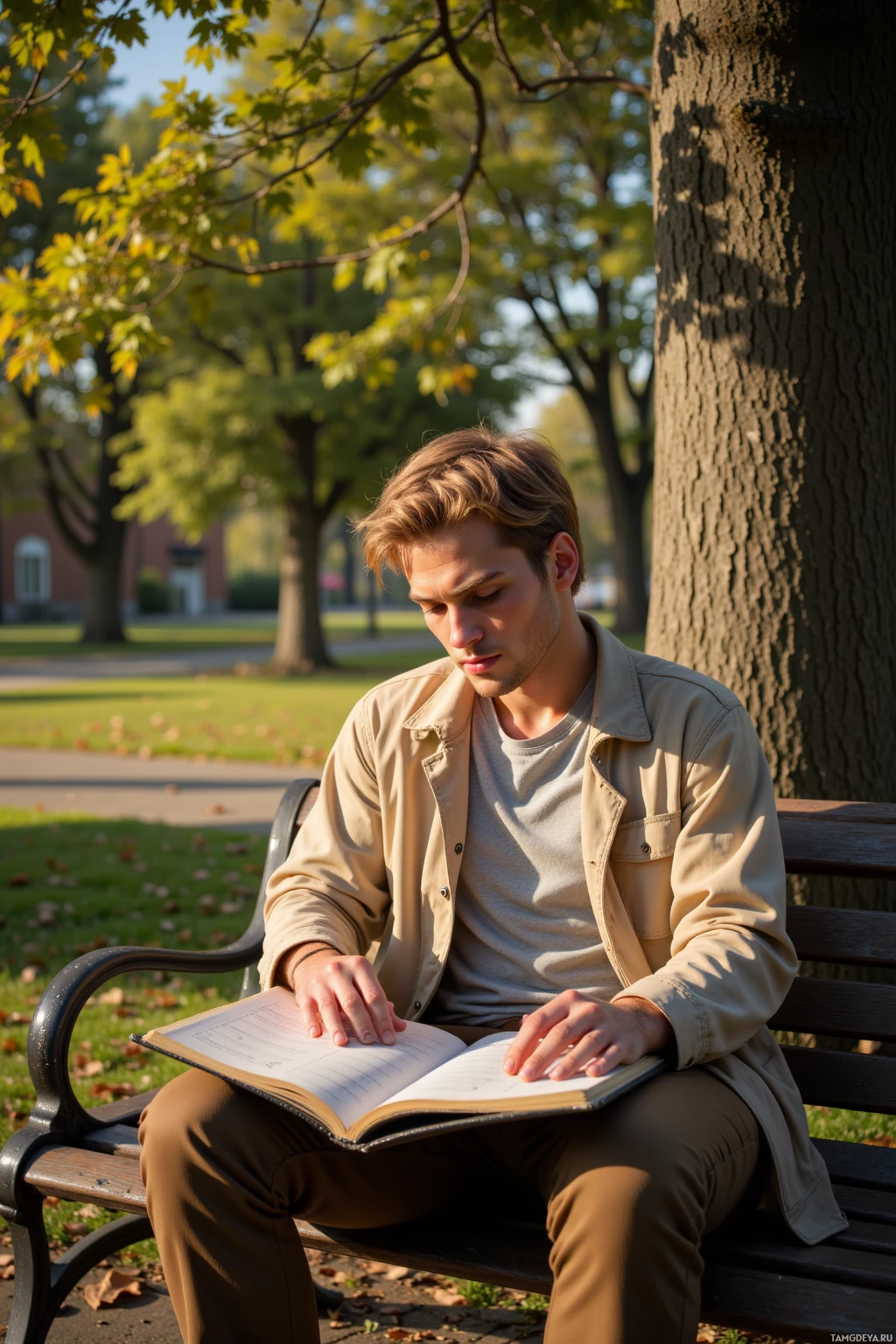A person is sitting on a bench in a park, reading a book.