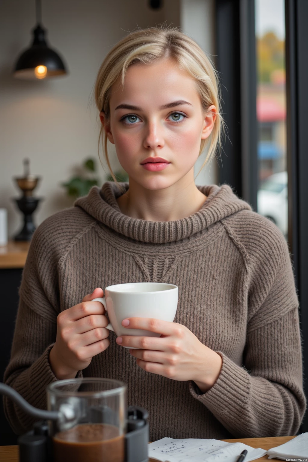 A person in a cozy sweater holds a white mug in a café setting.