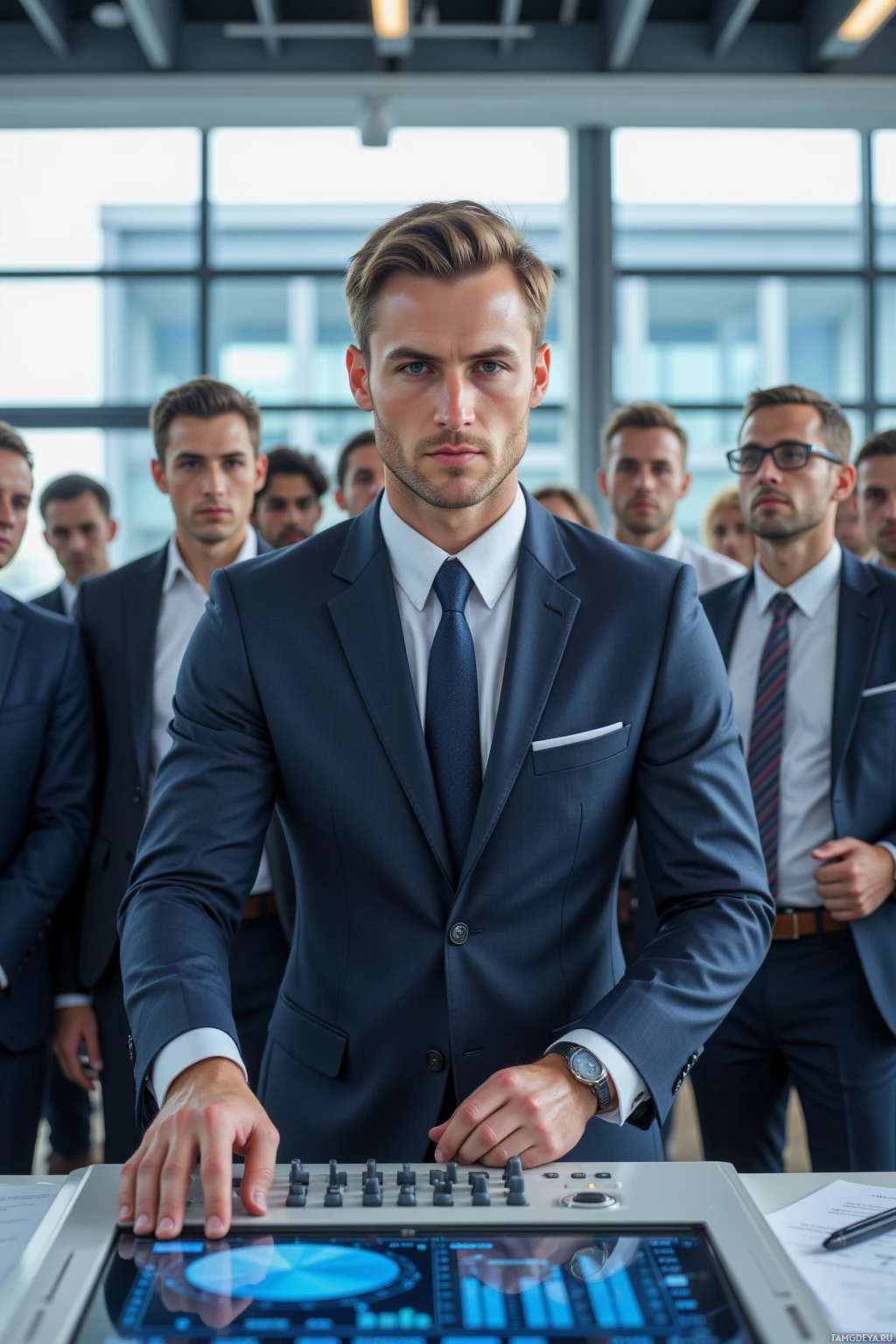 A man in a suit stands in front of a group of similarly dressed individuals, with a modern digital device in front of him.