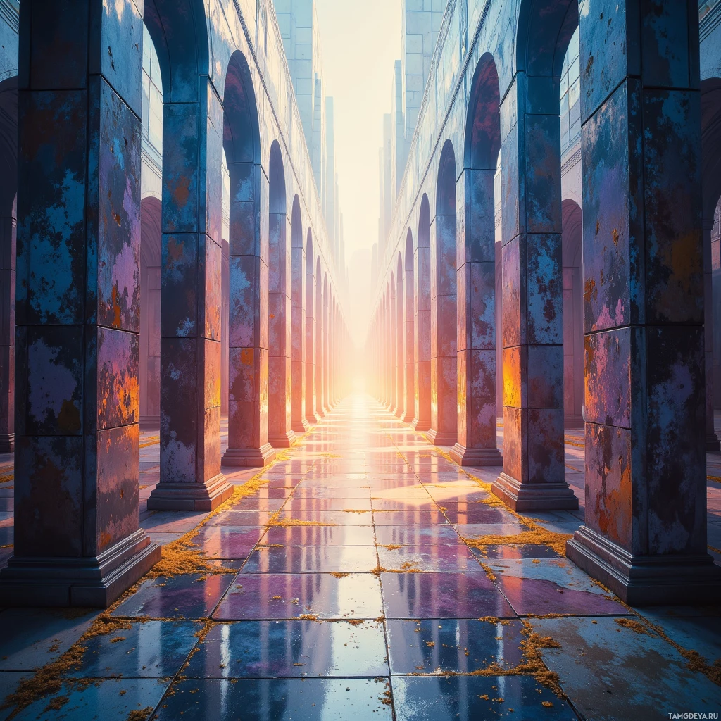 A long corridor lined with tall, ornate columns bathed in warm, golden light.