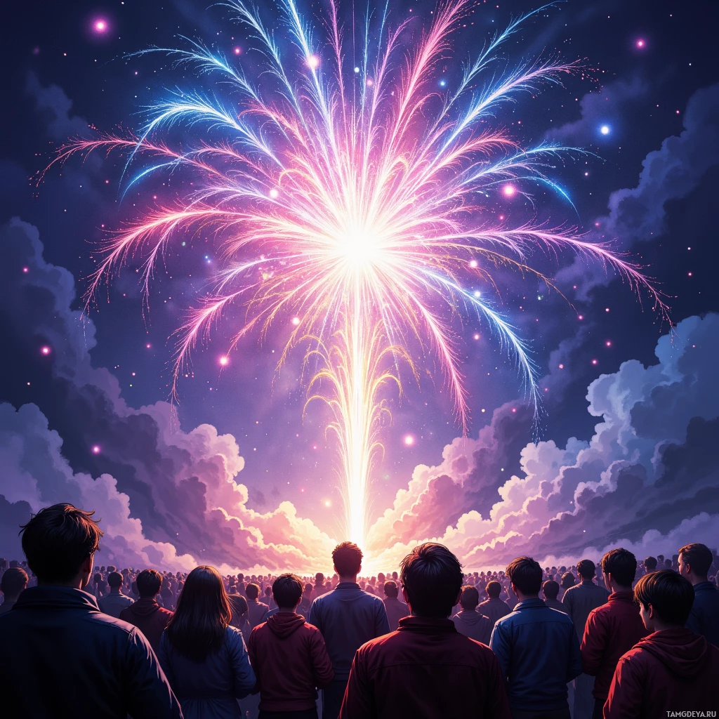 A crowd of people watches a vibrant fireworks display in the night sky.