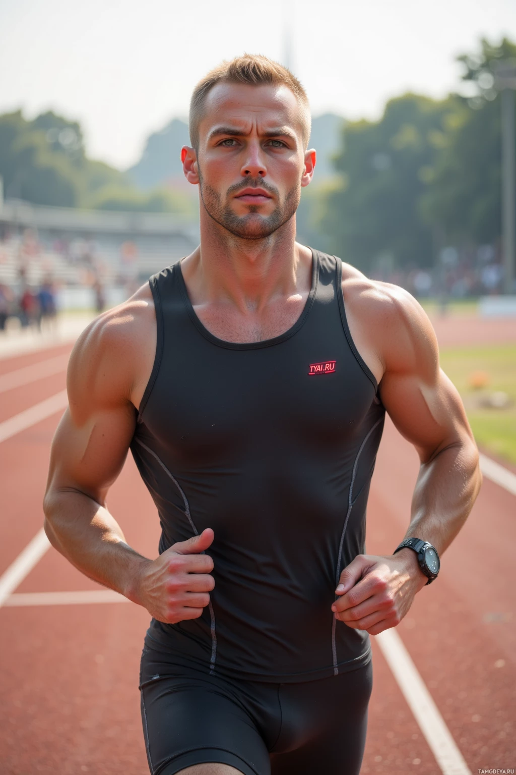 A muscular man in a black athletic tank top and shorts is running on a track.