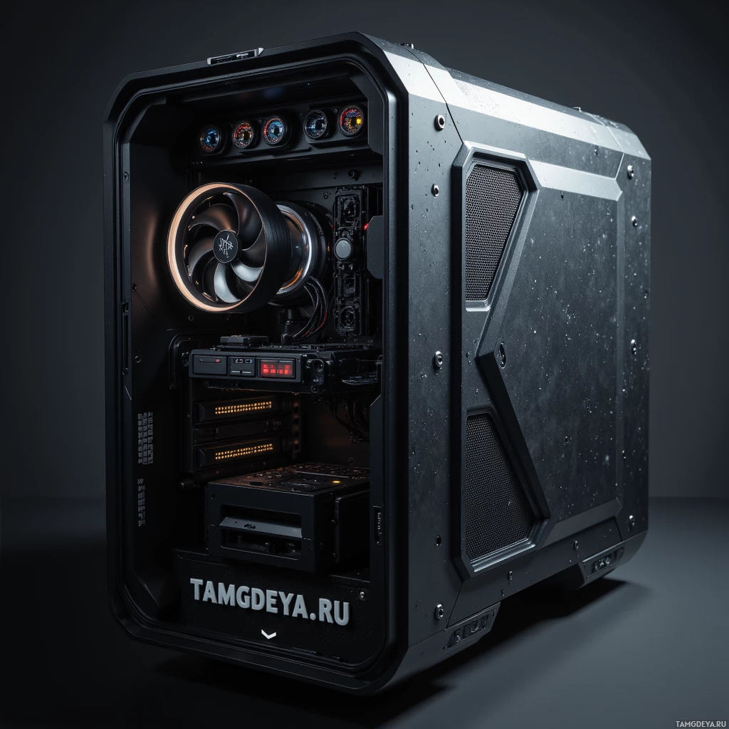 A sleek, black computer case with visible internal components and a prominent fan.