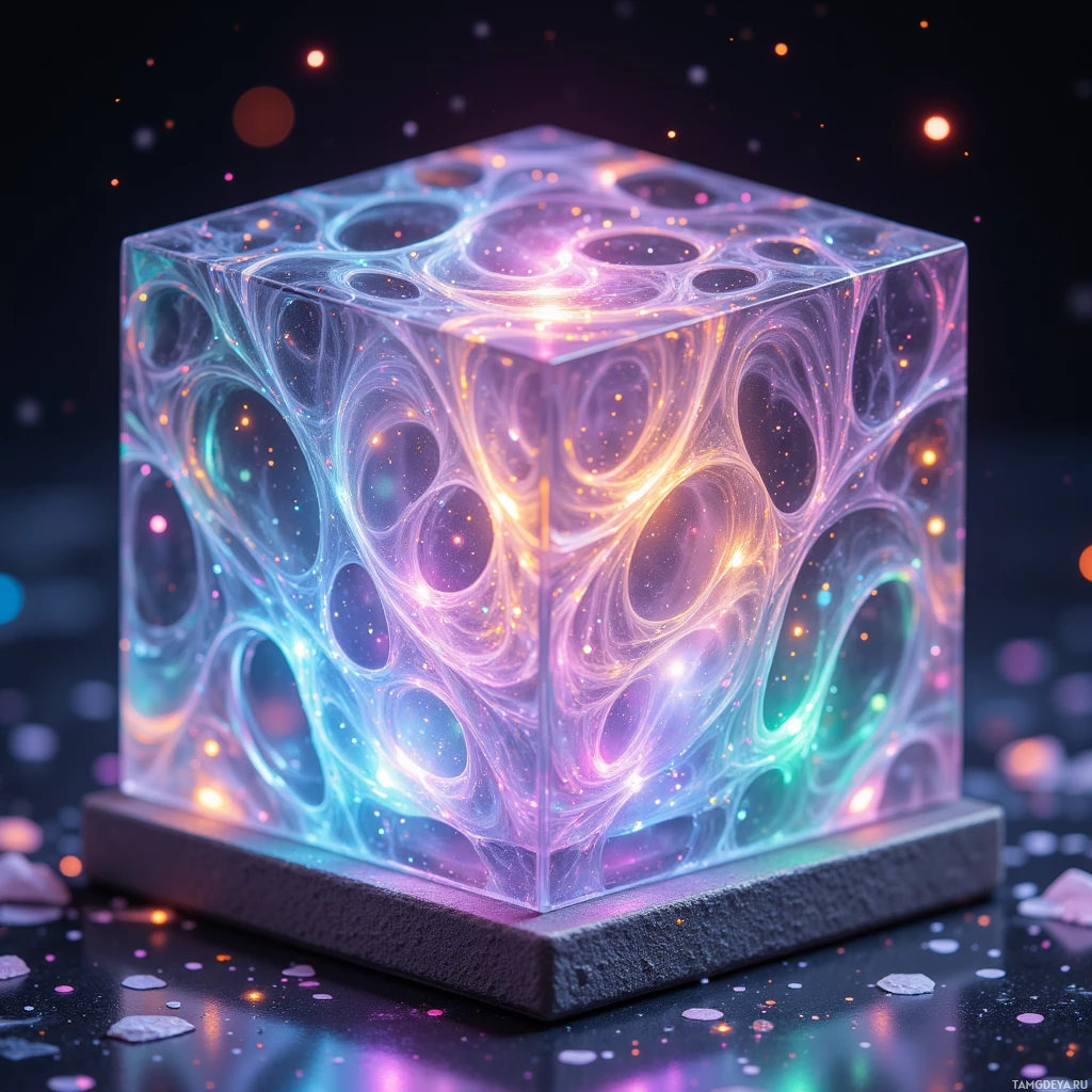 A glowing, translucent cube with intricate, swirling patterns and a dark, starry background.