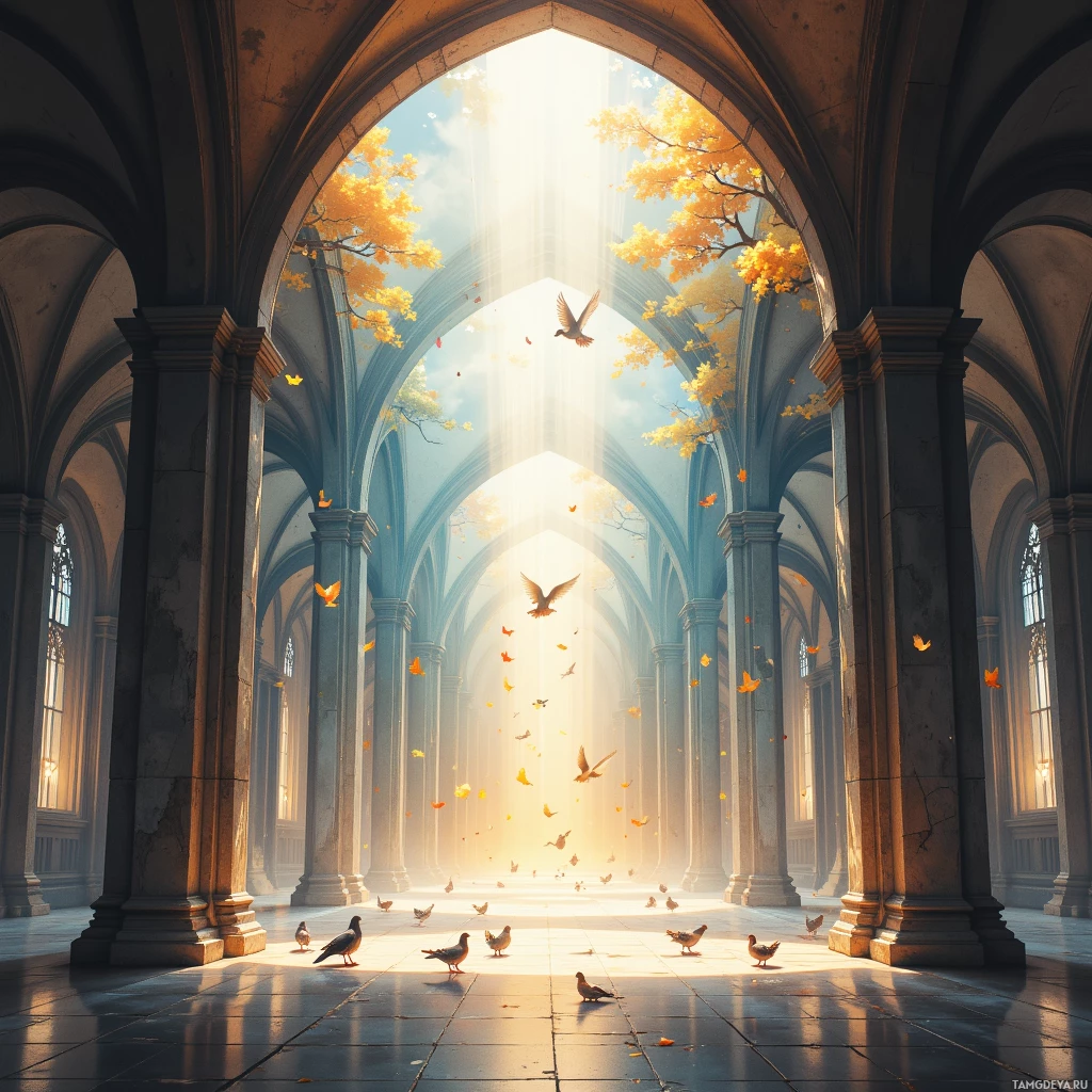 A serene interior of a grand cathedral with sunlight streaming through the arches and birds flying and resting on the floor.