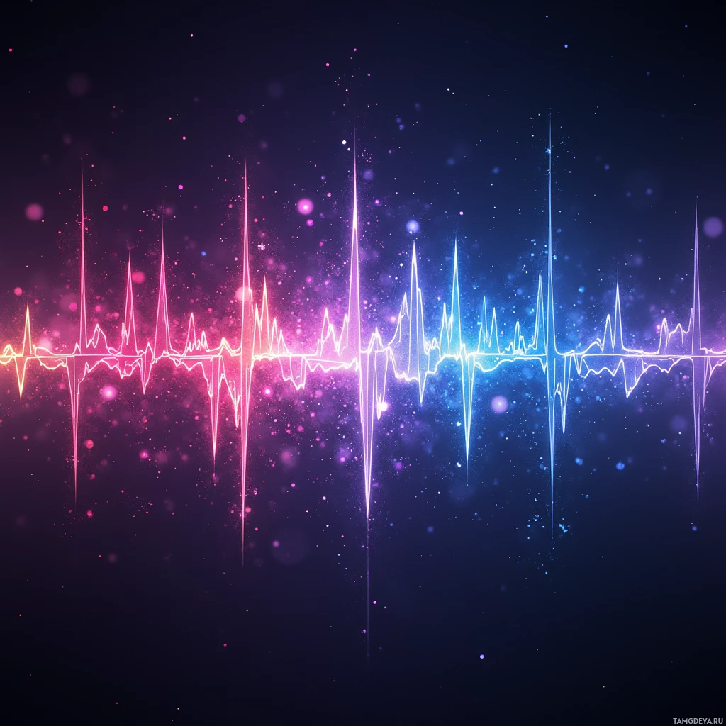A vibrant sound wave graphic with pink and blue hues against a dark background.