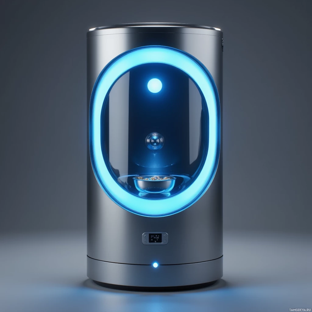 A sleek, cylindrical device with a glowing blue ring and a bowl inside, set against a dark background.