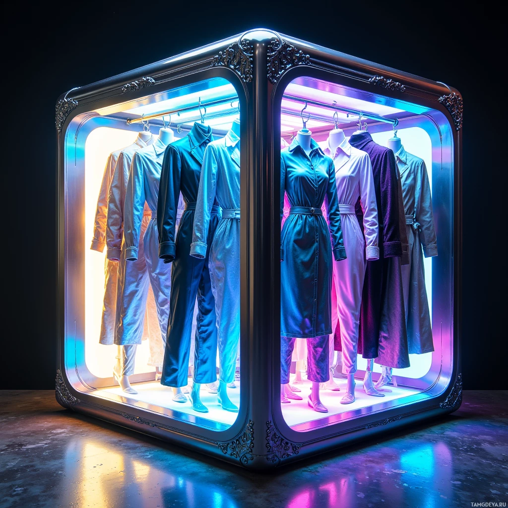A display case showcases a collection of elegant, colorful clothing on mannequins.