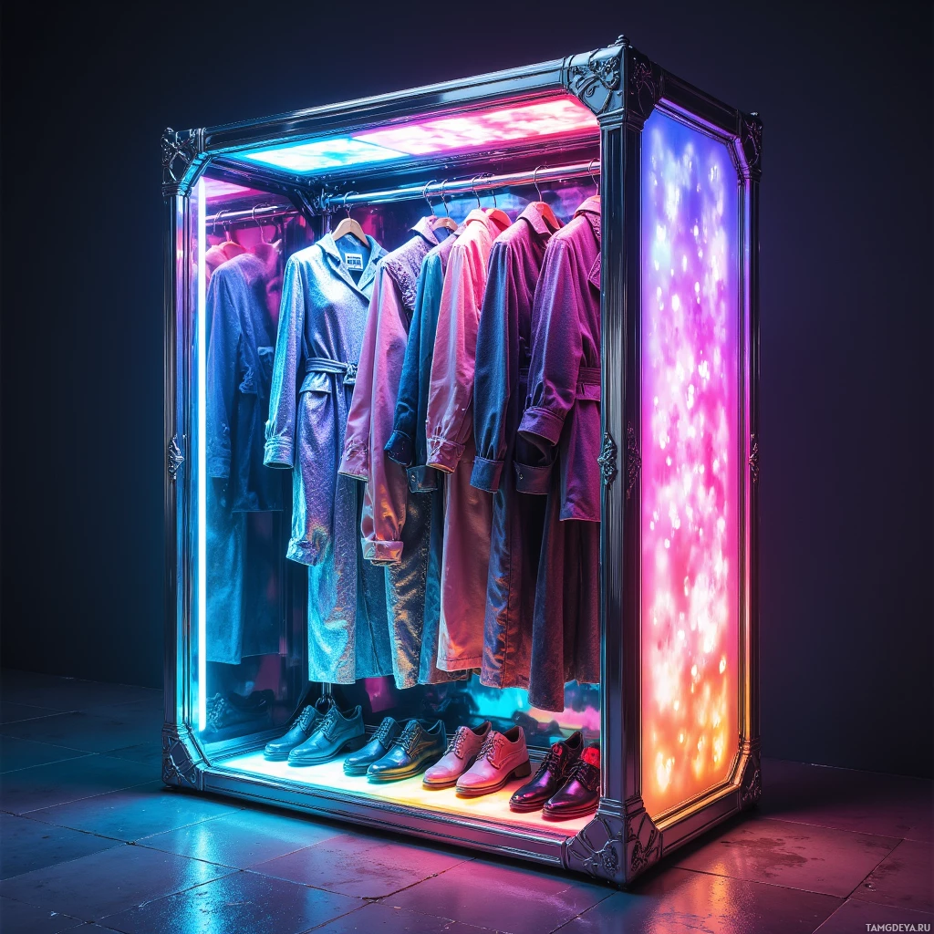 A display case with colorful clothing and shoes illuminated by vibrant neon lights.
