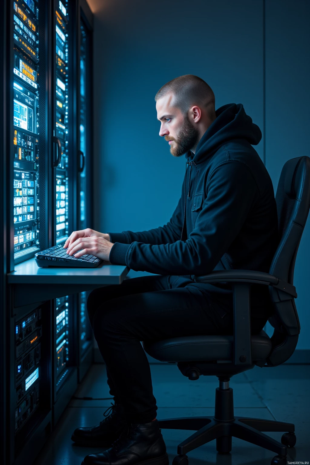 A person in a hoodie sits at a desk in a dimly lit room, working on a computer.