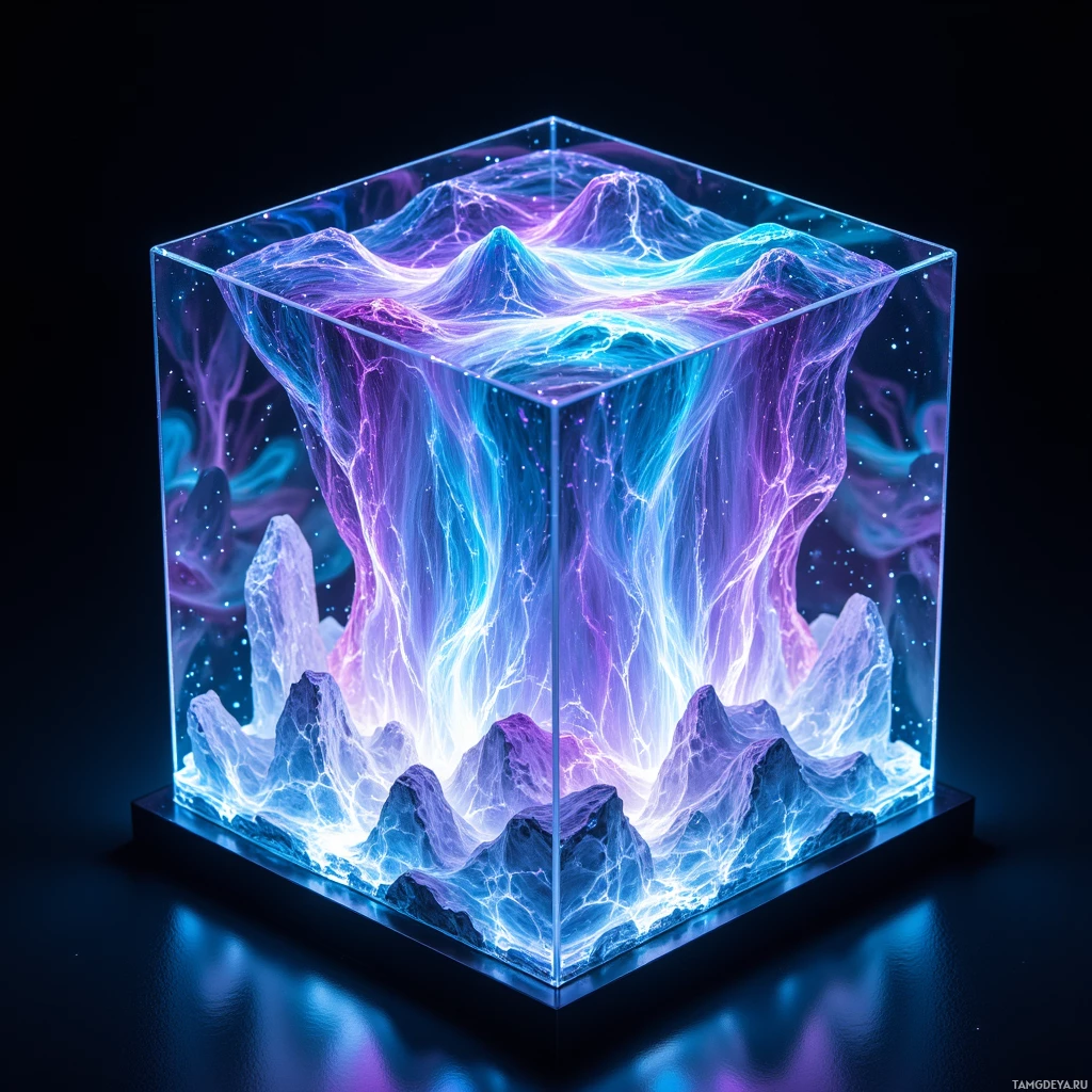 A glowing, abstract cube with a mountainous, ethereal landscape inside, featuring vibrant purple and blue hues.